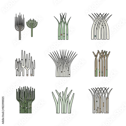 Set of stylized grass and reed plant icons in a minimalist line art style.
