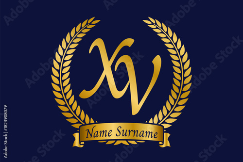 Initial letter X and V, XV monogram logo design with laurel wreath. Luxury golden calligraphy font.