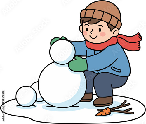 A cheerful boy wearing a winter hat and scarf builds a snowman in a snowy landscape with a carrot nearby