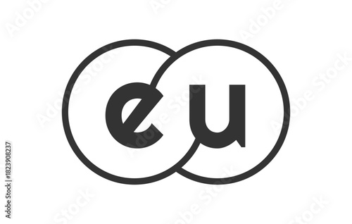 EU business company emblem with outline rounds and letters e u. Logo template of two merged circles for brand identity, logotype. Vector Infinity symbol