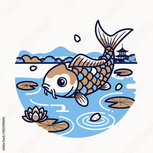 A detailed illustration of a koi fish swimming in a pond with water lilies and a pagoda.