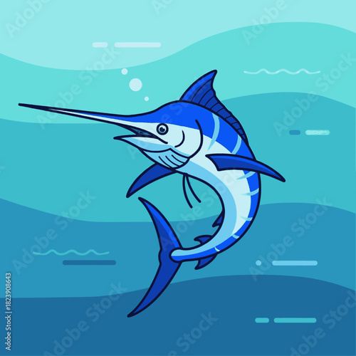 Cartoon illustration of a blue swordfish swimming in the ocean waves.