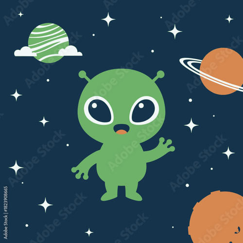 Cute green alien waving in outer space with planets and stars illustration.