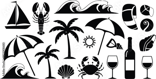 Summer vacation icons set in black silhouette style for graphic design