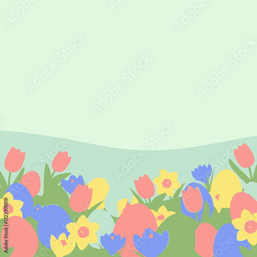 A whimsical illustration of a flower field with tulips, daffodils, and bluebells under a light green sky.