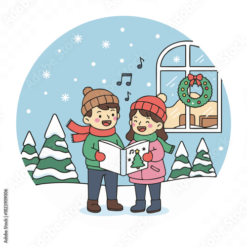 Joyful children sing festive Christmas carols in a snowy winter wonderland, spreading holiday cheer with heartwarming melodies and a spirit of togetherness during the festive season