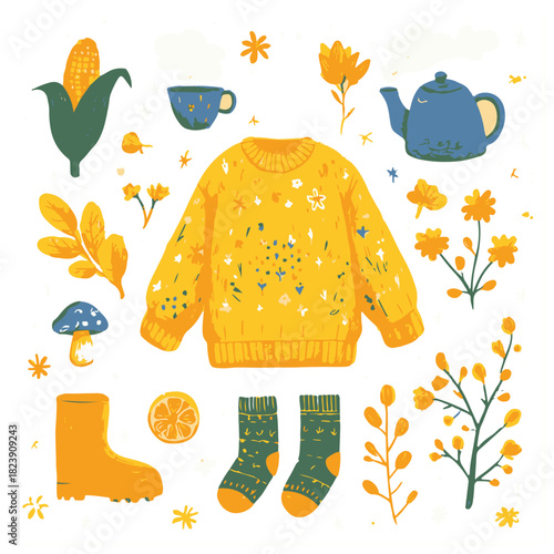 Autumn Sticker Vector Set – Sweater, Cozy Food, Coffee, Tea, Scarf & Boots.