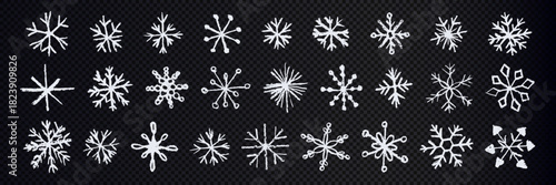 Set of white snowflakes and stars on transparent background. Doodle elements for winter and holiday designs