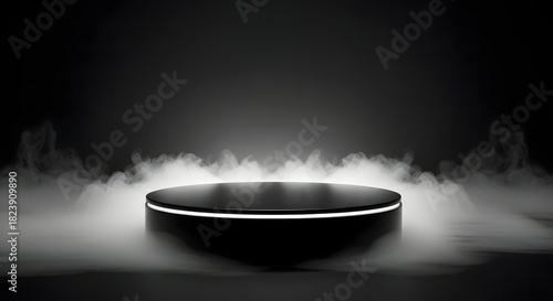 Illustration of a dark podium with glowing rim surrounded by smoke on a black background