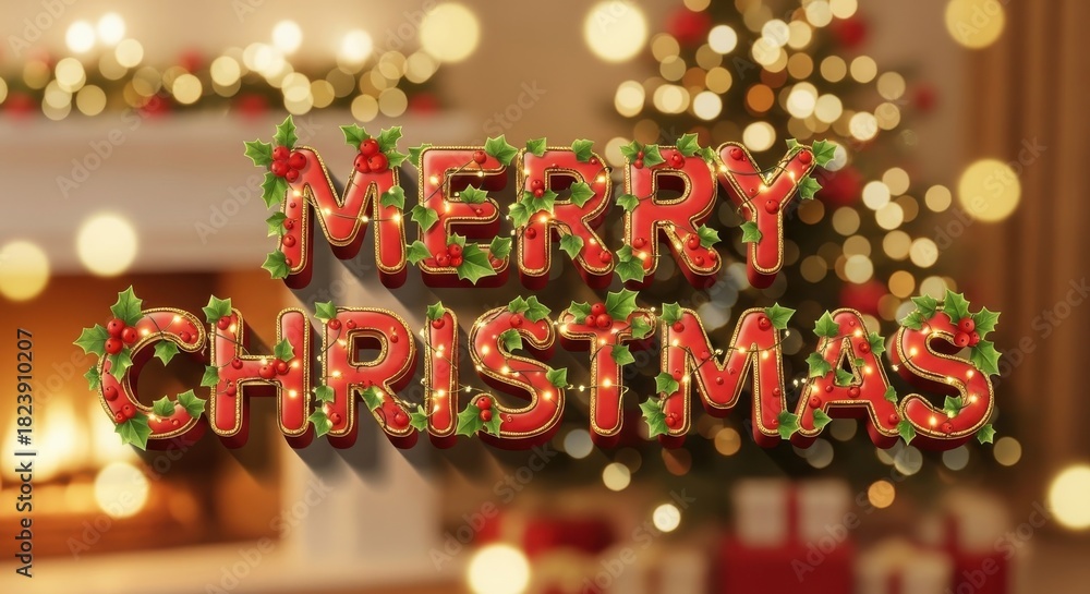 Naklejka premium Festive merry christmas greetings with radiant lights and a cozy fireplace backdrop