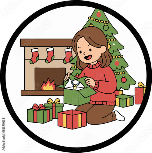 A cheerful girl in a red sweater unpacks a holiday gift box, sitting by the festive Christmas tree and a warm fireplace