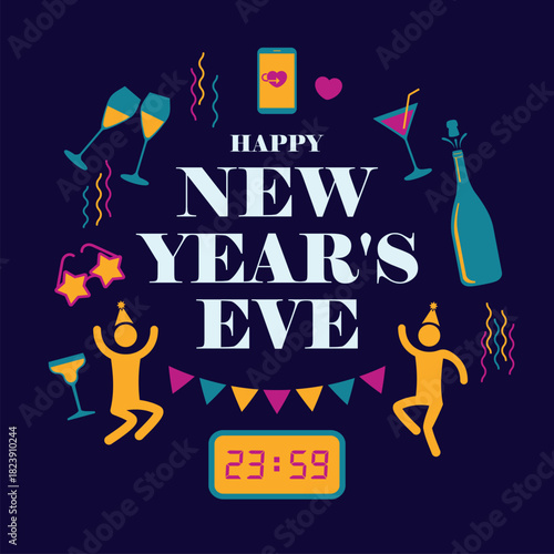 Happy New Year's Eve party greeting card with teal, purple, yellow icons vector illustration. New Year cheerful banner with confetti, dancing figures and party elements. Template for banner, card