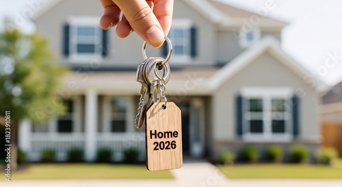 Home 2026 Real Estate Concept Hand Holding Keys Blurred House Background