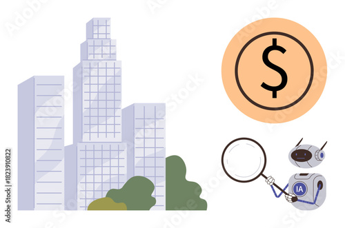 AI robot holding magnifying glass near a dollar sign beside skyscrapers and greenery. Ideal for finance, AI innovation, economic analysis, investment, urbanization, business trends, simple flat