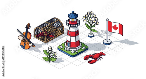 Isometric illustration of iconic Canadian East Coast symbols lighthouse, lobster, fiddle, and flag. Capturing maritime culture