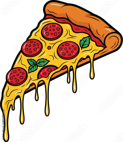 Pop Art Pepperoni Pizza Slice Dripping Cheese Vector