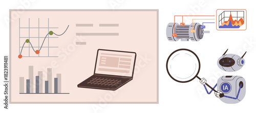 Laptop analyzing data, charts, robot examining with magnifier, motor, and graph. Ideal for AI technology, machine learning usage, industry automation, data analysis robotics application IoT