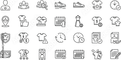 Fashion and clothing line icons set, shopping and time symbols