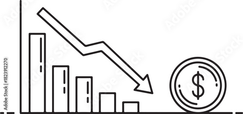 Outline bar graph with downward arrow and dollar coin chart bar chart