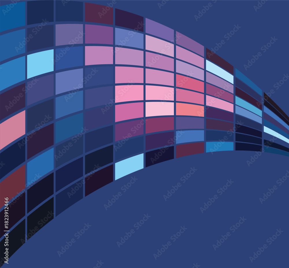 Fototapeta premium Abstract wavy mosaic of blue and pink squares on a deep blue background