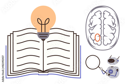 Open book with glowing lightbulb, brain diagram with marked area, and AI robot holding magnifying glass. Ideal for education, innovation, AI, neuroscience, research learning inspiration. Simple