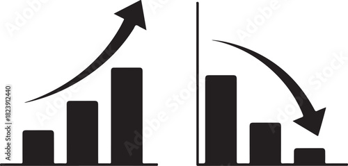 Two black bar graphs one upward and one downward trend chart bar chart