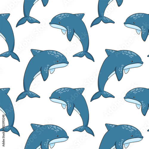 Dolphin seamless pattern in cartoon. Design of a underwater mammal animal on a white background.