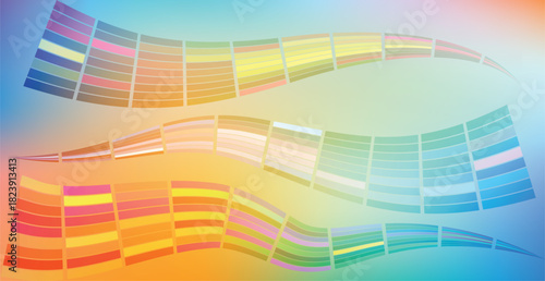 A vibrant, abstract design featuring flowing waves composed of colorful square tiles against a soft, blended gradient