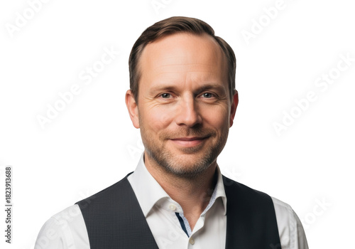 A professional headshot of a man with a friendly smile, wearing a vest and a white shirt, black, dress shirt, man, photo, portrait, pose, shirt, smile, suspenders, tie, vest, wear, white 