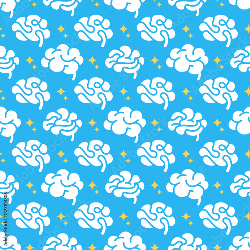 Human brain blue pattern. Brain side view icons set. Negative space collection. Simple ornament white Brain on blue background. Hand drawn minimalism style.