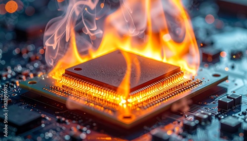 A burning chip on a circuit board, engulfed in flames and rising smoke, suggests malfunction or technological disaster