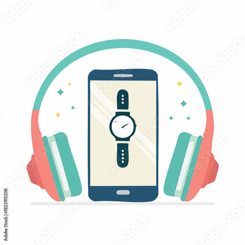 Scène stylisée de technologie moderne et connectée, téléphone, montre, casque...
