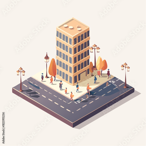 Scène vectorielle de vie urbaine avec personnages et bâtiments