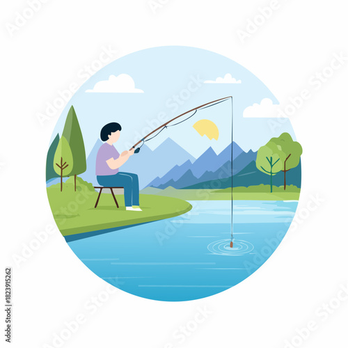 Icône design plat de moment de calme et de peche dans un lac en plein air