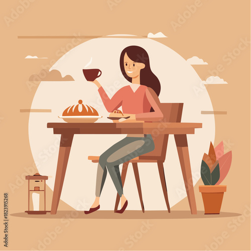 une femme entrain de boire son café et manger son petit déjeuné