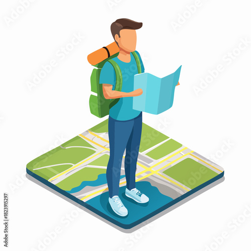 Personnage stylisé en voyage avec sac à dos et carte