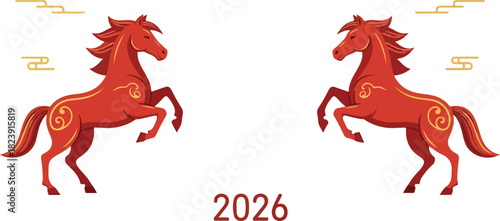 Two stylized red horses face each other above the year 2026