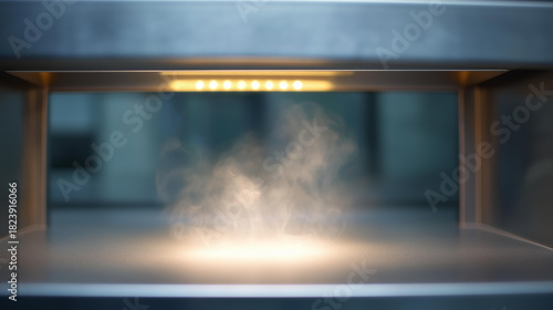 Laboratory fume hood with visible defocused smoke vapor, faceless scientific research, containment visualization detail, blurred procedure background, safety concept, research inte