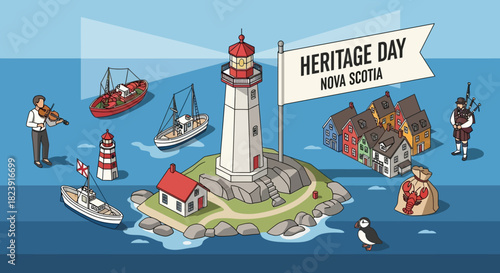 Captivating Isometric Design Depicting Nova Scotia's Rich Heritage and Cultural Identity with Iconic Lighthouse, Traditional Musicians, and Local Symbols
