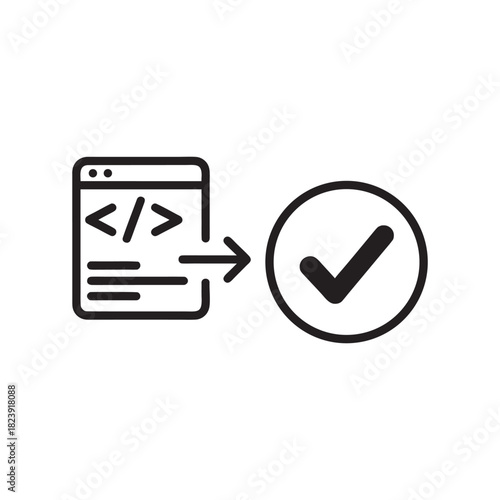 Black and white computer science vector icon code validation approved software testing and quality assurance concept