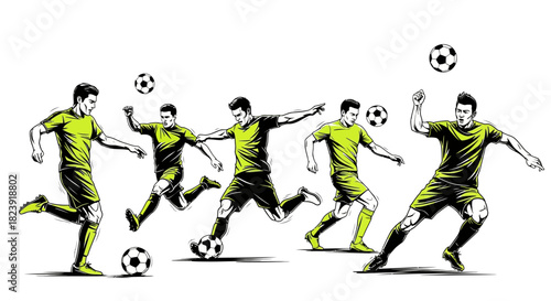 Dynamic soccer players in action, a vibrant illustration capturing the energy and skill of the sport, perfect for sports branding and athletic design projects