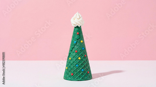 Fun Christmas Tree Made of a Green Ice Cream Cone With Colorful Candies and Whipped Topping