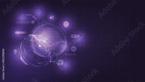 Futuristic artificial intelligence background concept. Glowing purple digital brain, neural network, and tech icons on dark hexagonal banner with massive copy space.