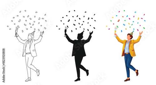 Happy person celebrating with confetti and a drink, shown in line art, silhouette, and colorful illustration styles