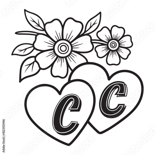 Two heart shapes contain letters, with flowers flourishing above, isolated on white