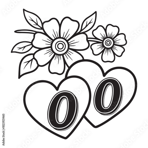 Two entwined hearts reveal bold zero numbers beneath outlined blossoms in transparent background