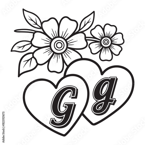 Two outlined hearts display uppercase and lowercase G, flowers adorn the black and white image