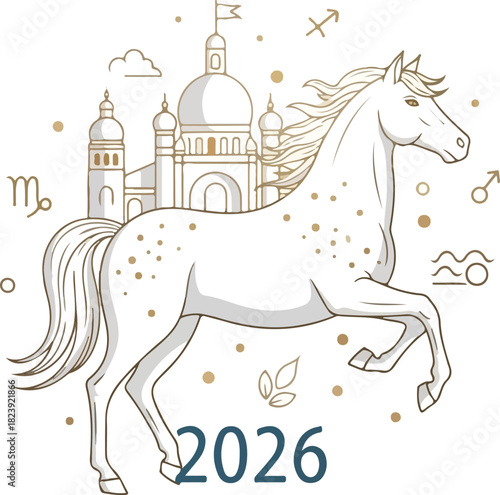 White horse prancing with zodiac symbols city and 2026 displayed