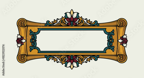 Ornate vintage scroll banner with intricate floral embellishments and a blank center for text.