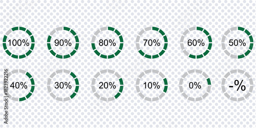 Percentage infographics flat elements. Round diagrams icons for infographics from 0 to 100 percent. Circle graph loading progress templates. Green, grey color fill divided pie charts indicators.